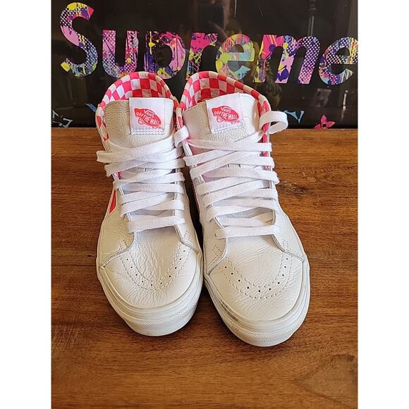Vans Sk8-Hi Leather High Top White Pink Skateboard Sneaker Men Sz 7.5 Women Sz 9 - Picture 2 of 13